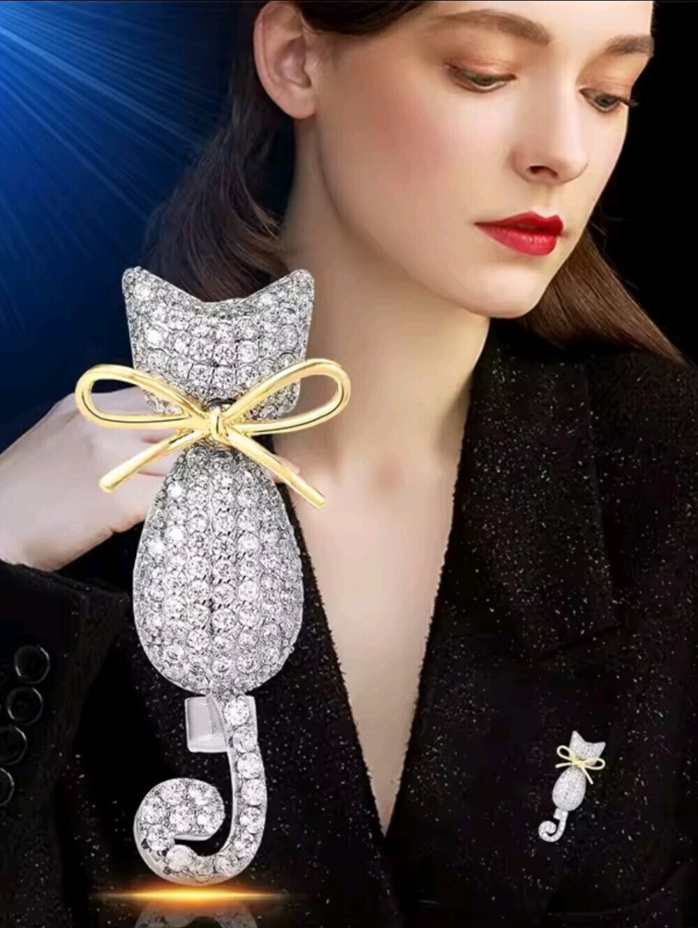 Sparkling Silver Cat Brooch with Gold Bow